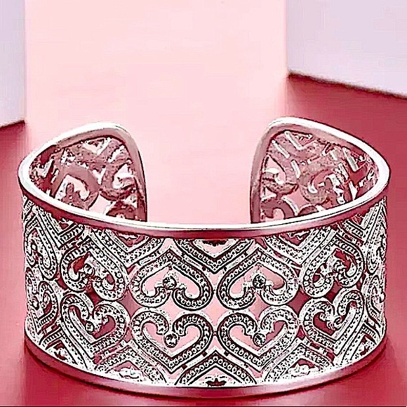 Sterling Silver Heart Zircon Bangle Cuff Bracelet Hollow Out - Picture 1 of 6